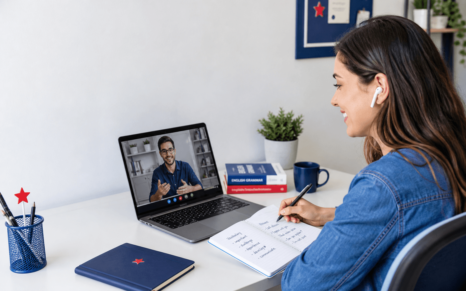 Aluna participando de uma aula de inglês online ao vivo